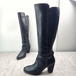 UGG Black Leather Tall Heeled Boot Sz 9.5 Knee High Block Heel Equestrian Riding
